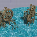 Traditional Wooden Water Wheels On Blue Water Surface With Wooden Structures