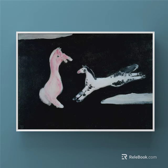 Artistic Animal Painting With Pink And Black White Spotted Horses On Black Background 3d model 