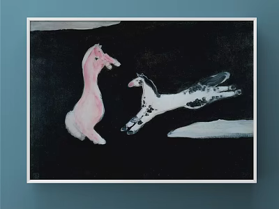 Artistic Animal Painting With Pink And Black White Spotted Horses On Black Background 3d model
