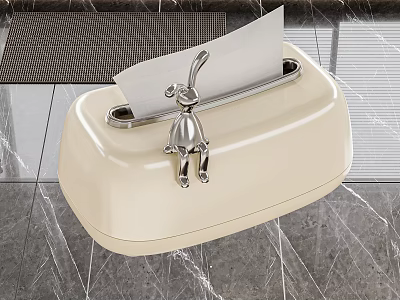Ivory Colored Household Tissue Box With Silver Rabbit Decoration And Smooth Surface 3d model