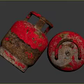 Rusty Red Gas Cylinders With Peeling Paint Rusted Surfaces Standing Lying On Dark Background