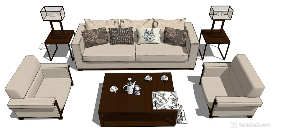 Modern Sofa And Coffee Table Set With Decorative Pillows Side Tables And Accent Chairs 3d model