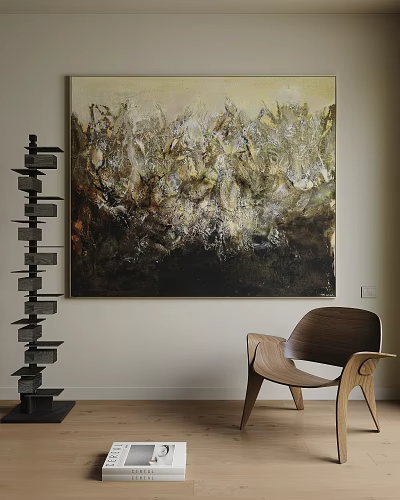 Textured Abstract Painting In Modern Interior With Wooden Chair And Black Sculptural Shelf 3d model
