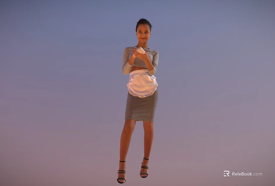 Woman in gray dress with white apron holding items against gradient blue to pink sky 3d model 