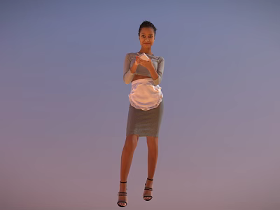 Woman in gray dress with white apron holding items against gradient blue to pink sky 3d model