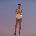 Woman in gray dress with white apron holding items against gradient blue to pink sky