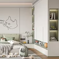 Modern Kids Room Interior With Green Wall Cartoon Cat Doodle Bed Toys And Storage Cabinets
