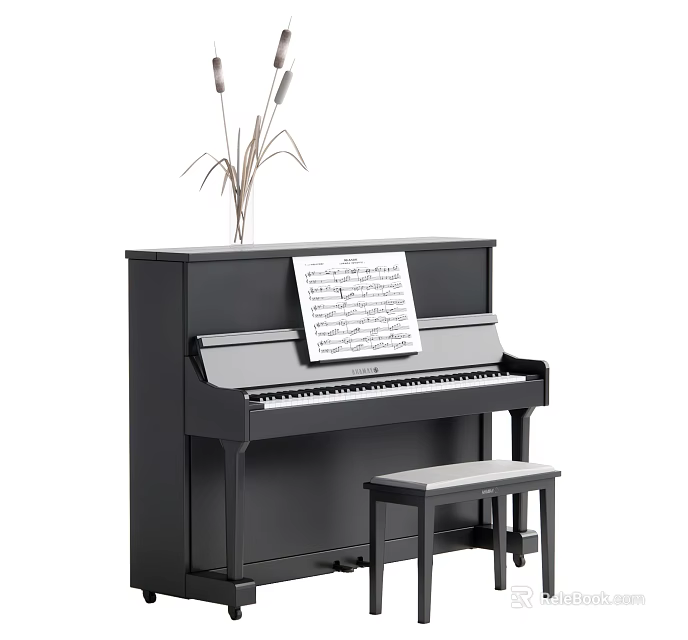 Elegant Black Upright Piano Interior With Music Sheet Vase And Stool 3d model 