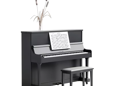 Elegant Black Upright Piano Interior With Music Sheet Vase And Stool 3d model
