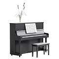Elegant Black Upright Piano Interior With Music Sheet Vase And Stool