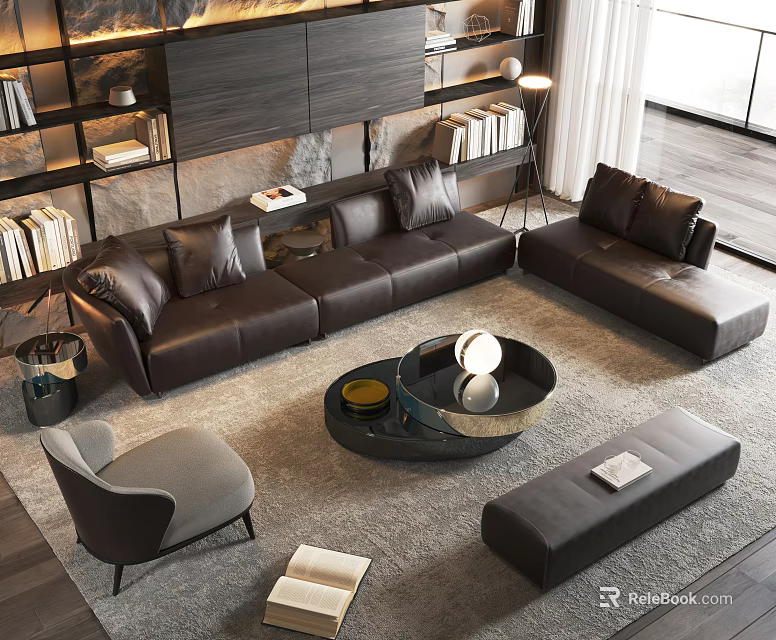 Modern Living Room Interior With Leather Sectional Sofa Round Coffee Table Accent Chair And Floor Lamp 3d model 
