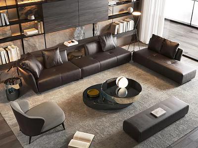 Modern Living Room Interior With Leather Sectional Sofa Round Coffee Table Accent Chair And Floor Lamp 3d model