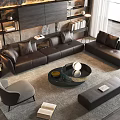 Modern Living Room Interior With Leather Sectional Sofa Round Coffee Table Accent Chair And Floor Lamp