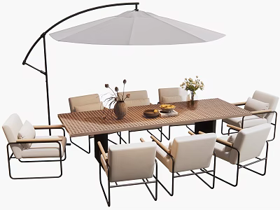Outdoor Wooden Table with White Metal Chairs and Umbrella for Patio Dining Area 3d model