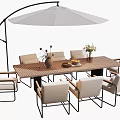 Outdoor Wooden Table with White Metal Chairs and Umbrella for Patio Dining Area