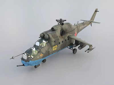 Military Helicopter With Camouflage Green Body Blue Nose Weapon Mounts And Yellow 123 3d model