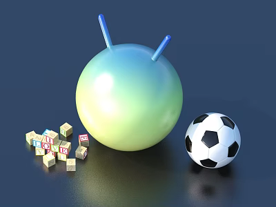 Scene With Green Sphere Blue Sticks Number Blocks And Soccer Ball 3d model