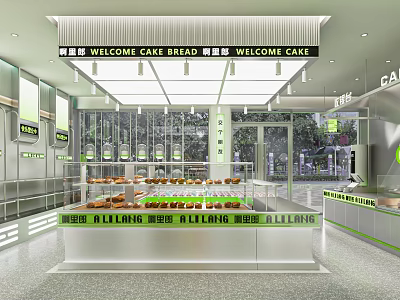 Modern Dessert Shop With Glass Display Cases Bread Cakes And Welcome Signs 3d model