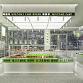 Modern Dessert Shop With Glass Display Cases Bread Cakes And Welcome Signs