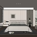 Modern Bedroom Interior With Upholstered Bed Artwork Window Blinds Rug And Potted Plant