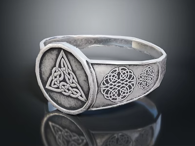 Intricate Silver Ring With Celtic Knot Patterns And Triangular Circular Motifs 3d model