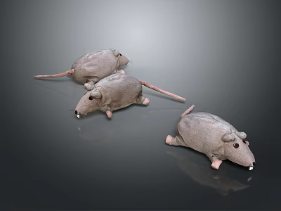 Three Soft Gray Plush Mice Stuffed Toys Posing On Dark Reflective Surface 3d model