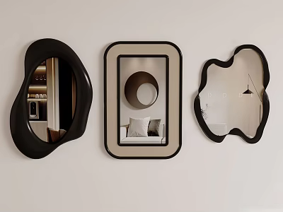 Three Decorative Wall Mirrors With Various Shapes Mounted On White Wall 3d model