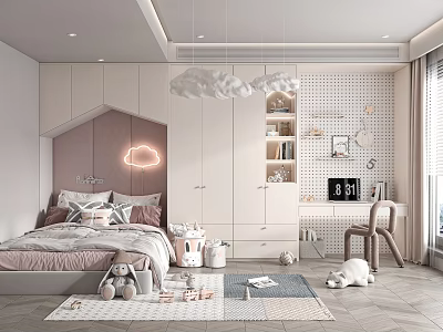 Cozy Kids Room Interior Featuring Cloud Lights Bed Bookshelf Desk And Stuffed Toys 3d model