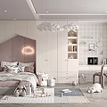 Cozy Kids Room Interior Featuring Cloud Lights Bed Bookshelf Desk And Stuffed Toys