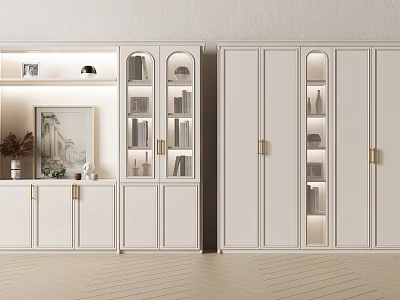Modern White Bookcase Interior Design With Glass Doors Books Decorative Items And Lighting 3d model