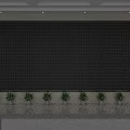 Large Black Grid Wall Fronted by Green Plants in White Pots on White Floor