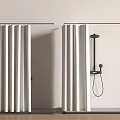 Modern Shower Room Design With White Curtains Black Fixtures And Wooden Floor