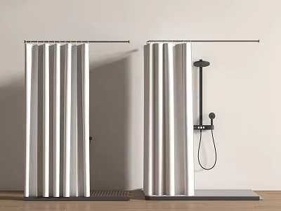 Modern Shower Room Design With White Curtains Black Fixtures And Wooden Floor 3d model