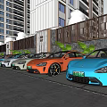 Colorful Electric Cars Parked Alongside Modern High Rise Buildings With Green Plants