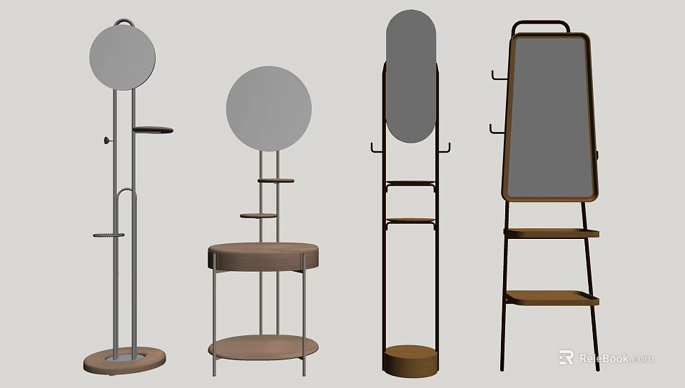 Modern Floor Standing Mirrors With Circular Rectangular Shapes And Stands Shelves 3d model