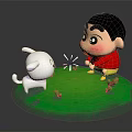 Cartoon Boy Playing With Little White Dog On Green Grass Field