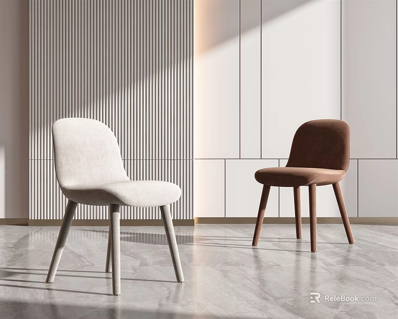 Modern Dining Chairs White and Brown Against Vertical Striped Wall White Cabinets and Gray Floor 3d model 
