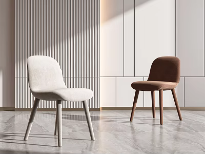 Modern Dining Chairs White and Brown Against Vertical Striped Wall White Cabinets and Gray Floor 3d model