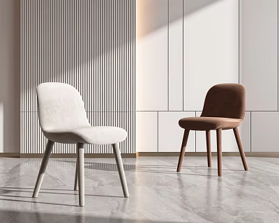 Modern Dining Chairs White and Brown Against Vertical Striped Wall White Cabinets and Gray Floor 3d model