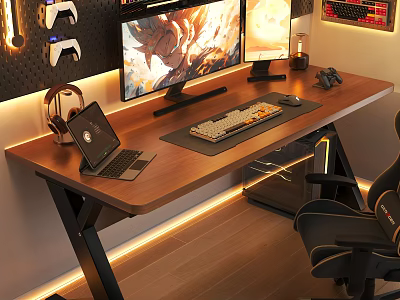 Gaming Desk With Wooden Top Dual Monitors Keyboard Mouse Laptop Headphones And LED Strip Lights 3d model