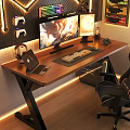 Gaming Desk With Wooden Top Dual Monitors Keyboard Mouse Laptop Headphones And LED Strip Lights