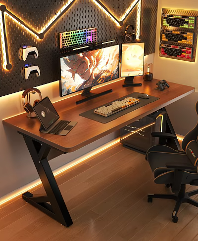 Gaming Desk With Wooden Top Dual Monitors Keyboard Mouse Laptop Headphones And LED Strip Lights 3d model