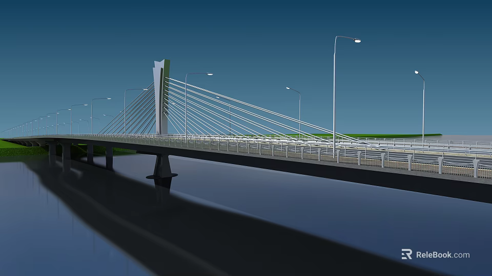 Modern Cable Stayed Bridge Structure With Street Lamps Over Water Surface 3d model 