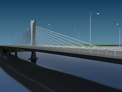 Modern Cable Stayed Bridge Structure With Street Lamps Over Water Surface 3d model