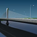 Modern Cable Stayed Bridge Structure With Street Lamps Over Water Surface 3d model