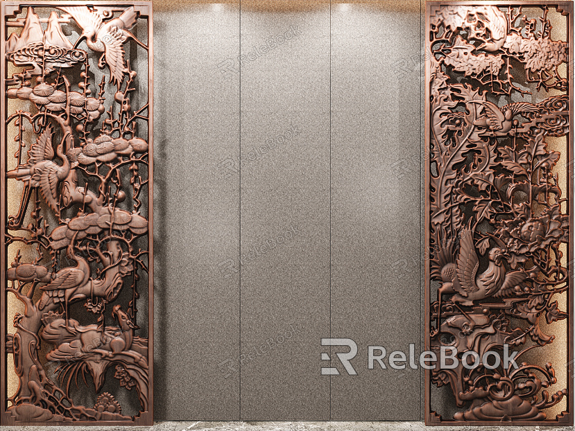 New Chinese background wall wood carving background model