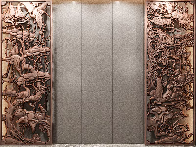 Elegant Sofa Background Wall With Carved Wooden Floral And Bird Patterns And Gray Central Wall 3d model