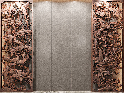 New Chinese background wall wood carving background model