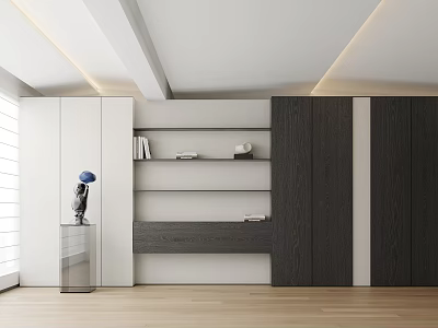 Modern Interior Background Wall With White Dark Gray Design Shelves Cabinets And Wooden Floor 3d model
