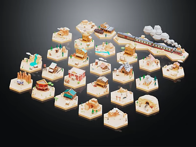 Cartoon Scene Displaying Miniature Houses In Various Styles And Toy Train 3d model